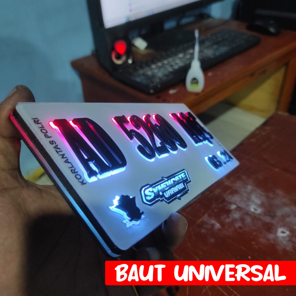 Plat Motor Timbul LED Gradasi Blue Ice Akrilik Baut Universal