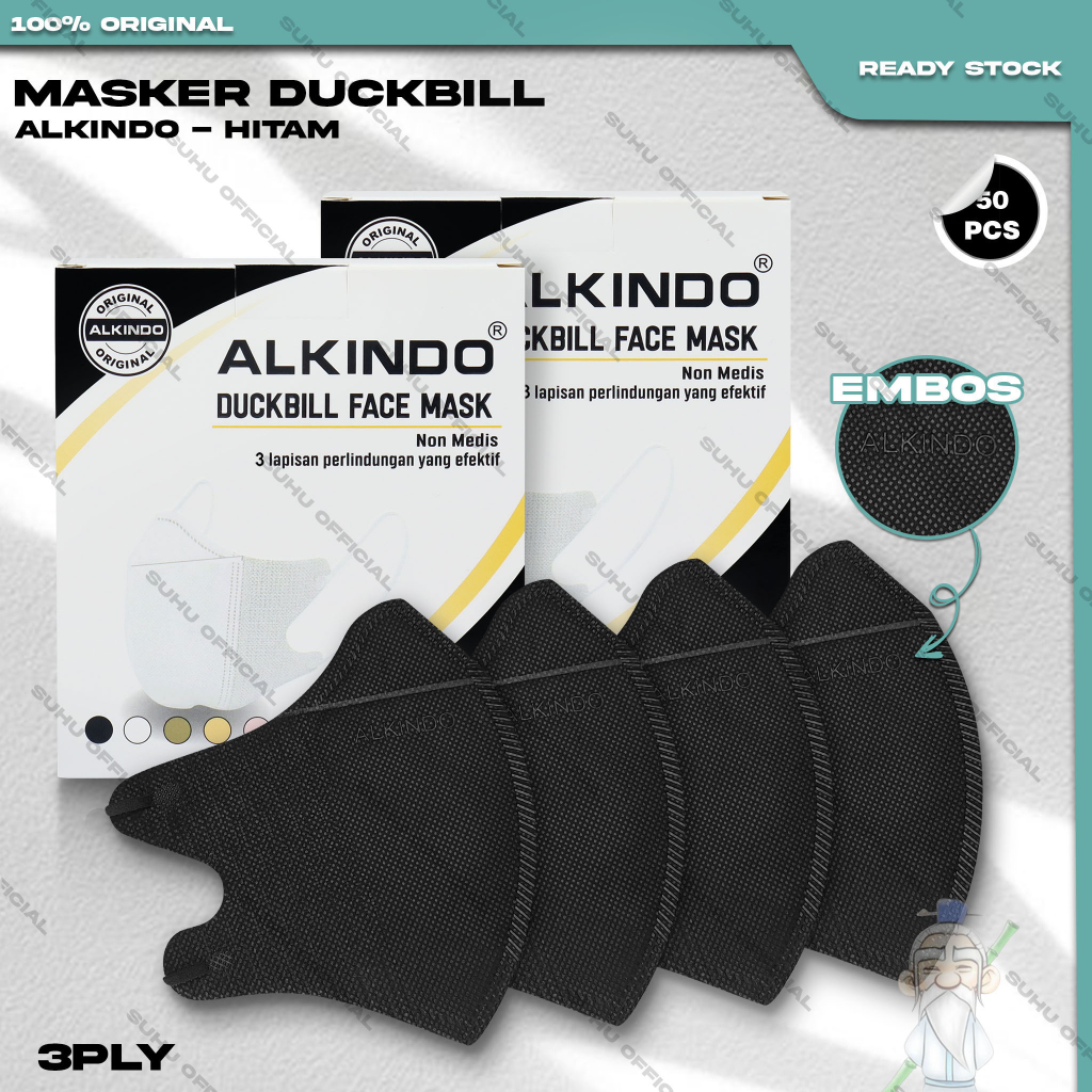 Masker Duckbil ALKINDO 3Ply Embos Isi 50Pcs Warna Hitam Black Duckbill 3 Ply Earloop Surgical Mask