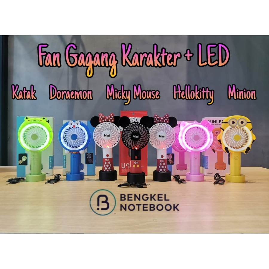 Fan Kipas Mini Gagang Karakter Adorable LED Light Portable USB