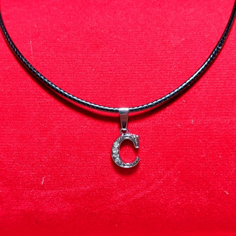 Kalung Tali Korea Hitam liontin Huruf A-L Silver Pria/ Wanita