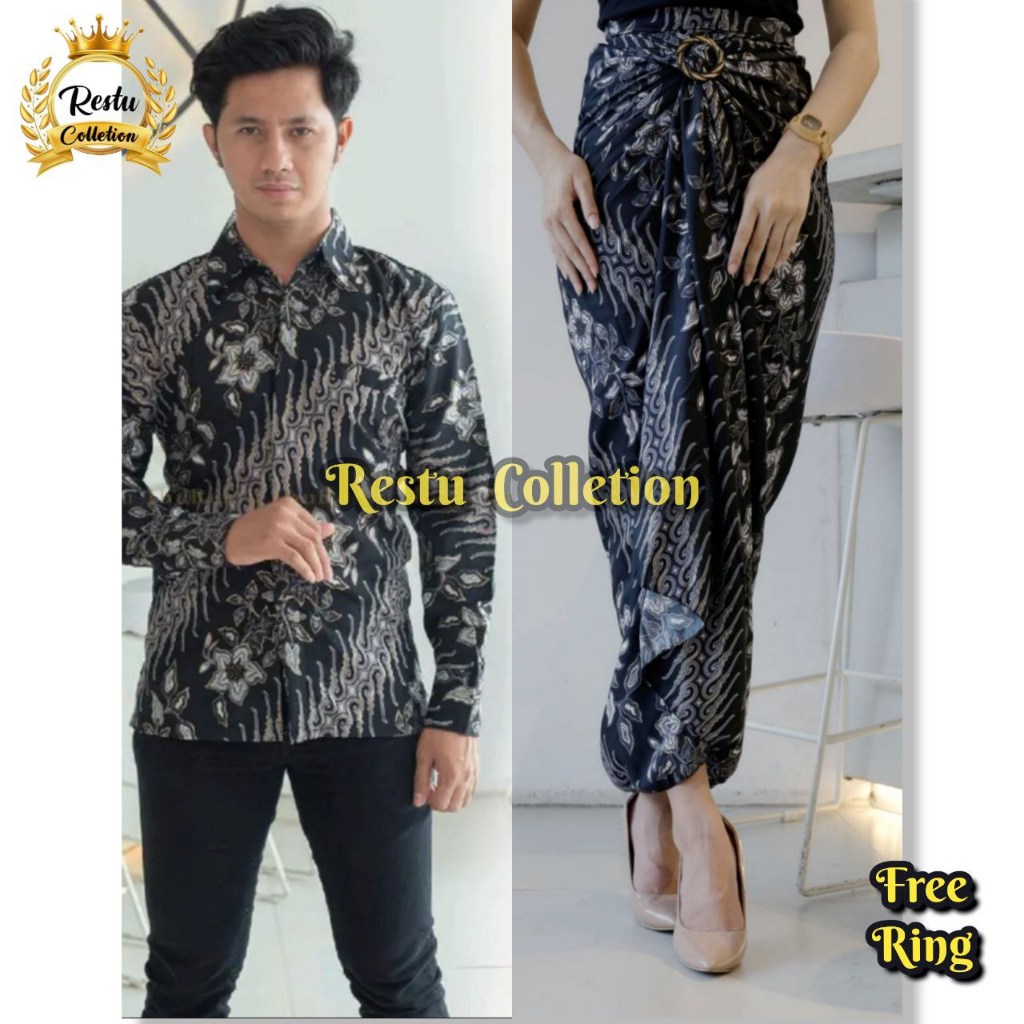 Couple Rok Lilit Wanita Dan Kemeja Lengan Panjang Pria Batik Bahan Premium Tebal Motif Cerry Silver