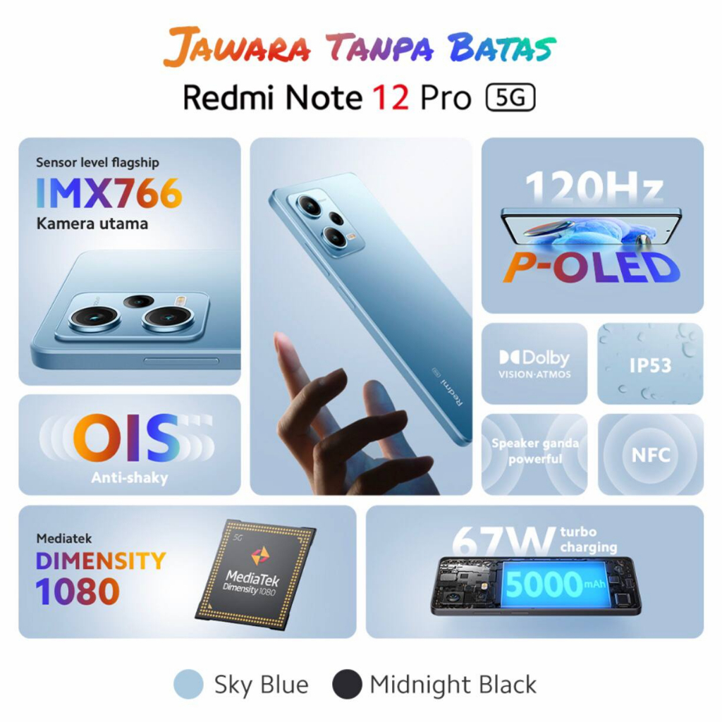 Xiaomi Redmi Note 12 Pro 5G | 8GB+256GB | Dimensity 1080 | SONY IMX766 50MP Camera | 6.67 OLED | NFC | IP53 | Li-Po 5000mAh | Garansi Resmi Xiaomi 15 Bulan