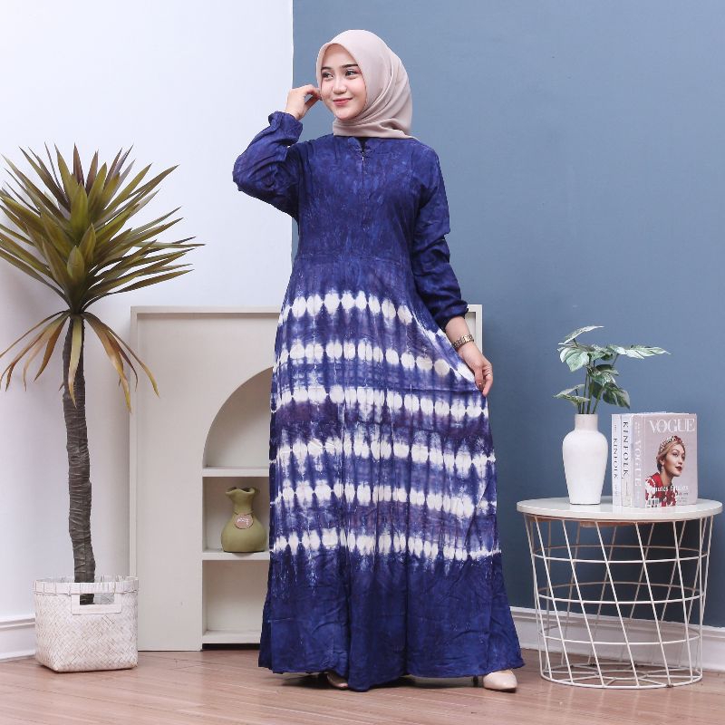 Gamis Rayon Black Tiedye Jumbo Resleting Depan Bumil Friendly Dress Wanita Kekinian Terbaru Adem