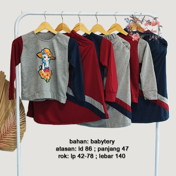 Setelan Anak Perempuan Bahan Babyterry Oneset Kids Atasan + Rok Panjang Kombinasi Warna Motif Karakter Sablon Untuk Anak Usia 7-10 Tahun