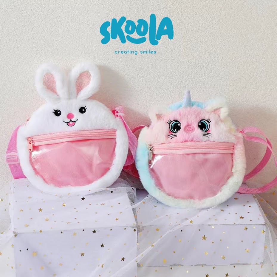 Skoola Tas Anak Perempuan PAUD Remaja Selempang Cat Rabbit Rainbow Lucu Bulu Kids Sling Bag - Mora