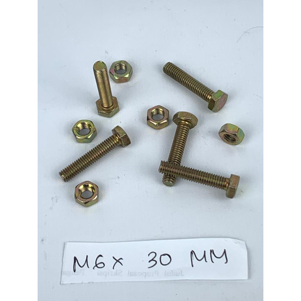 BAUT M6X30 MM ISI 10 PCS WARNA KUNING HEXAGON HEX BMK MUR BAHAN BESI TEBAL HARGA MURAH BERKUALITAS PROMO DISKON TERLARIS