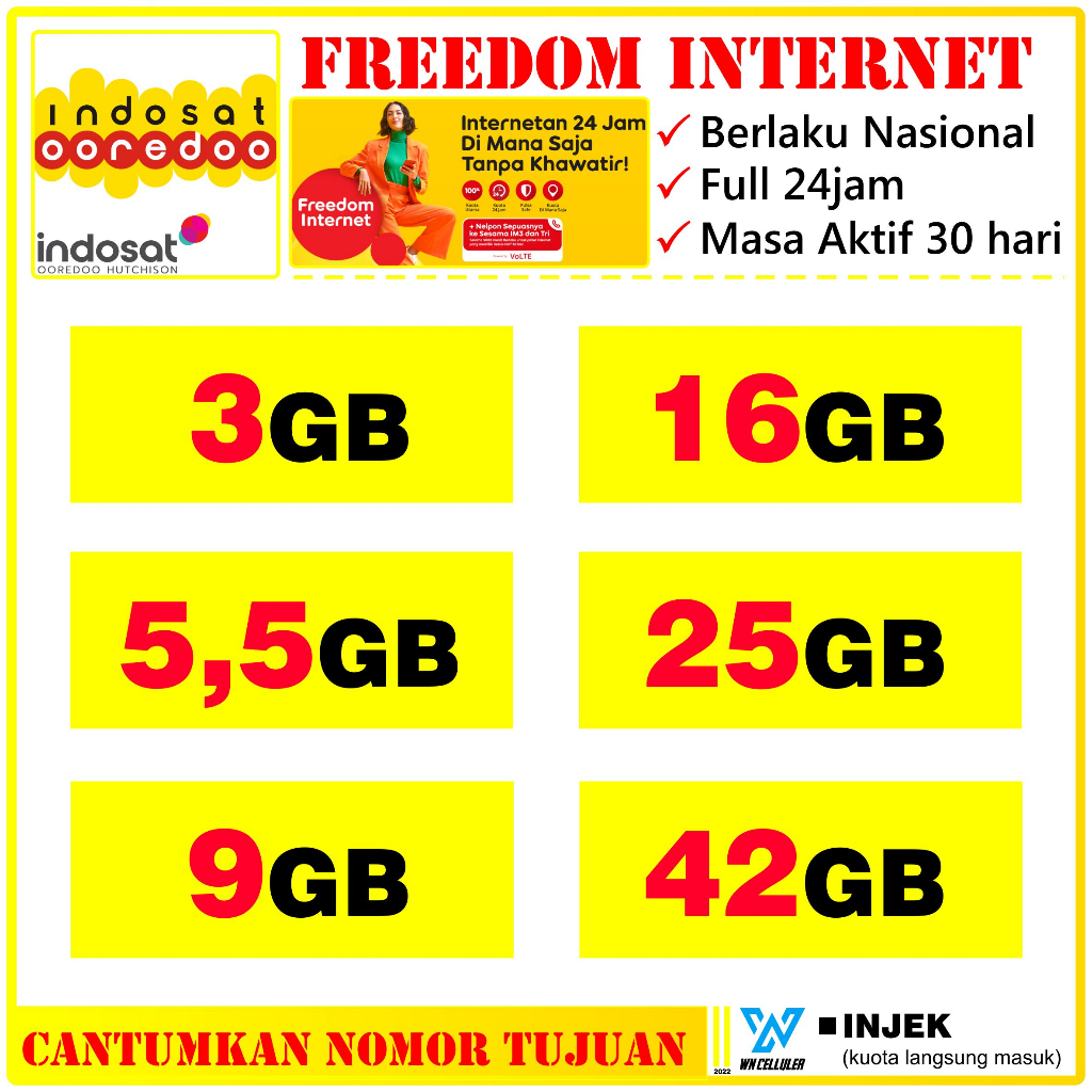 Kuota Indosat Freedom Internet Full 24 jam 3GB 5.5GB 9GB 16GB 25GB