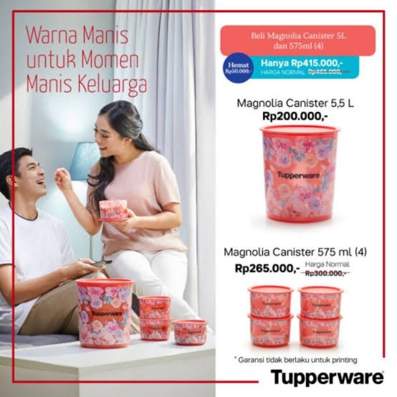 Tupperware Magnolia Canister Set (5 Pcs) - Red Canister Nature Flower One Touch Toples Snack Kerupuk