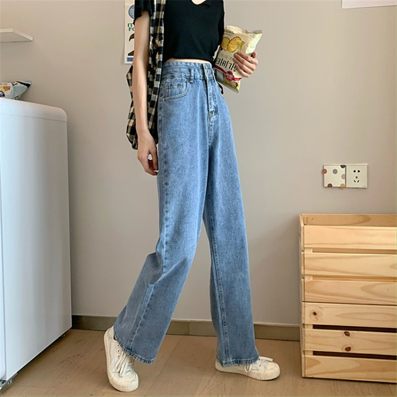 EUNII Celana panjang wanita Loose Celana Jeans Wanita High Waist Straight Jeans Biru Pants Korean Style