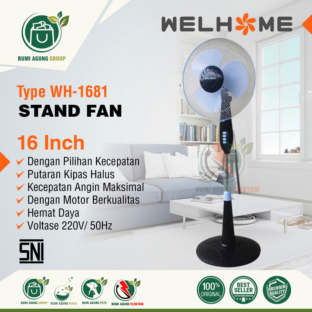 Kipas Angin Berdiri 16in 16 inch 16inch SNI WELHOME WH-1681 Stand Fan lebih kuat dan besar berkualitas dan murah