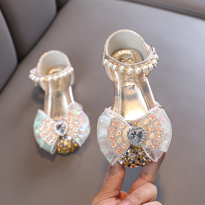 S777 Sepatu pesta anak perempuan import HITAM GOLD SILVER / party shoes pita bling bling manik mewah