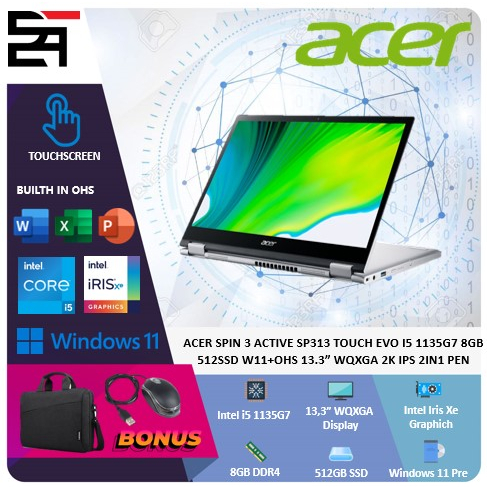 Acer Spin 3 Active SP313 Touch 2IN1 EVO i5 1135G7 8GB 512GB SSD Iris Xe W11 OHS 13.3 Inchi WQXGA 2K IPS PEN