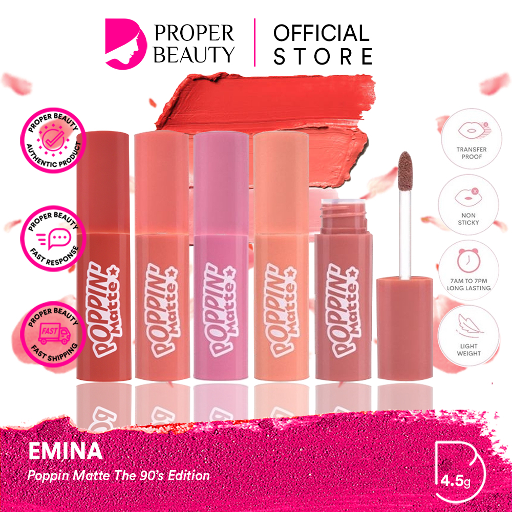 EMINA Poppin Matte The 90’s Edition Indonesia / Lip Matte 4.5g / Transferproof Long Lasting Non Sticky Light Weight Creamy / Ringan Tidak Lengket Tahan Lama Melembabkan / Lipstick Lipstik Gincu LipCream Cream Bibir  90s Cosmetic Makeup Lips Make Up Series