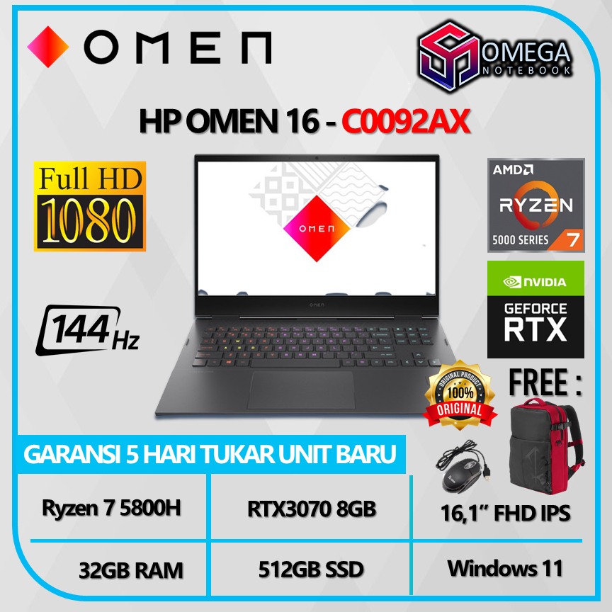LAPTOP HP OMEN 16 C0092AX RTX3070 8GB Ryzen 7 5800H 32GB 512GB 16,1 FHD 144Hz Windows 11 + OHS