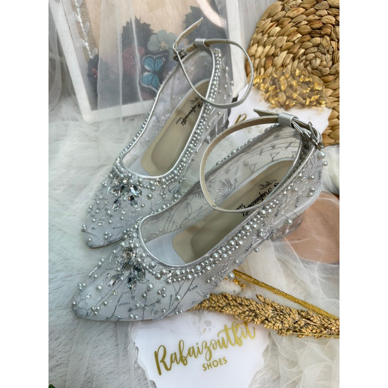 sepatu wedding wanita zanessa silver tali 5cm kaca