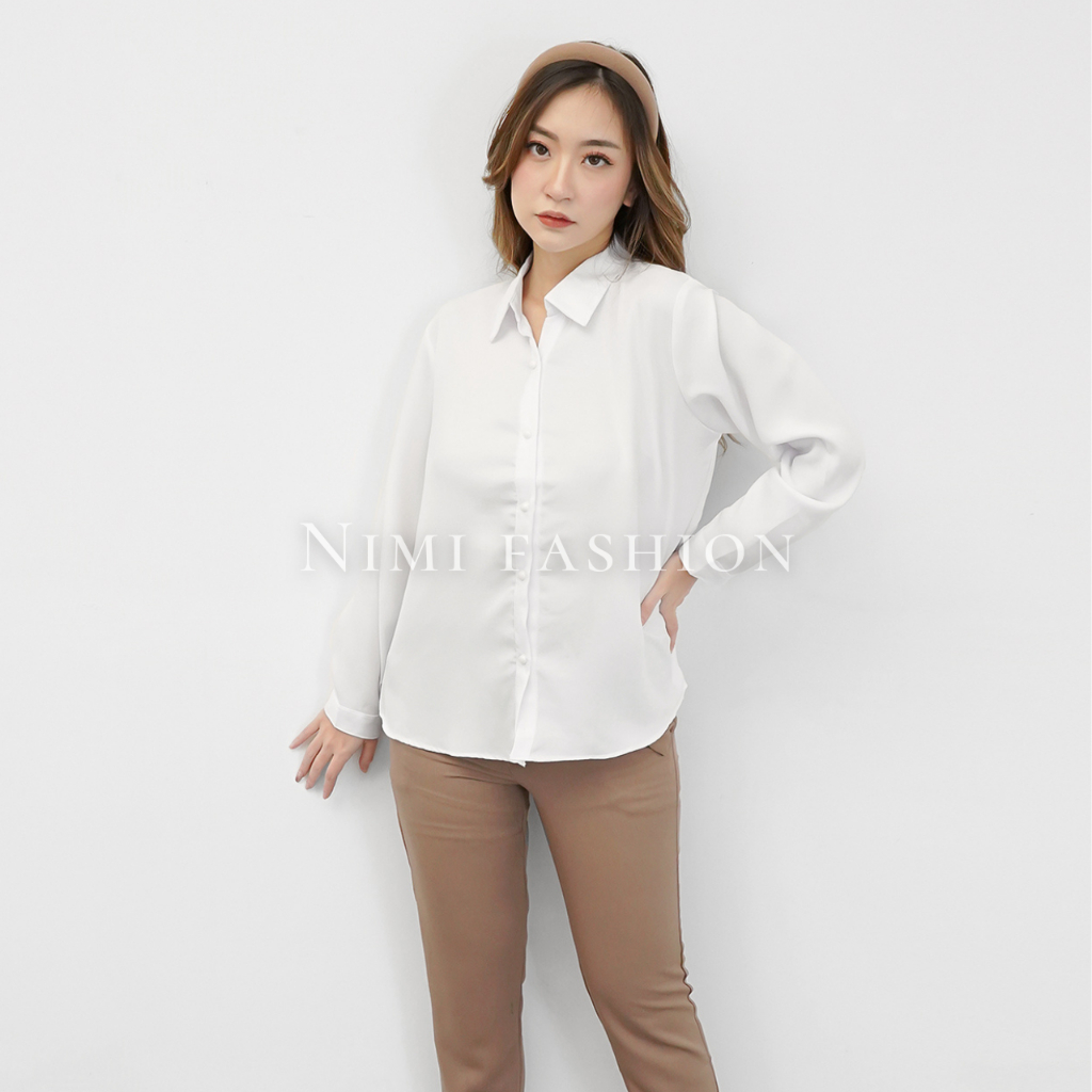NIMI - Kemeja Putih Wanita Lengan Panjang Kemeja Basic Putih Polos Formal Wanita