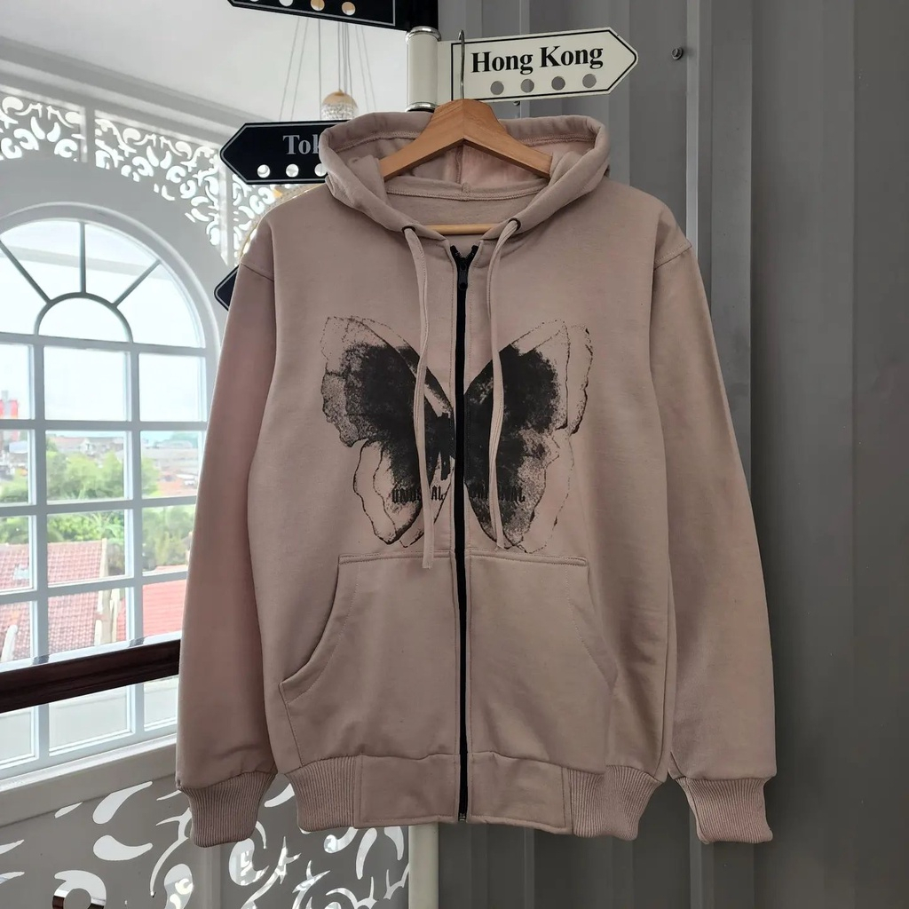 Hoodie Zipper Mariposa Late Bahan Fleece Casual Simple