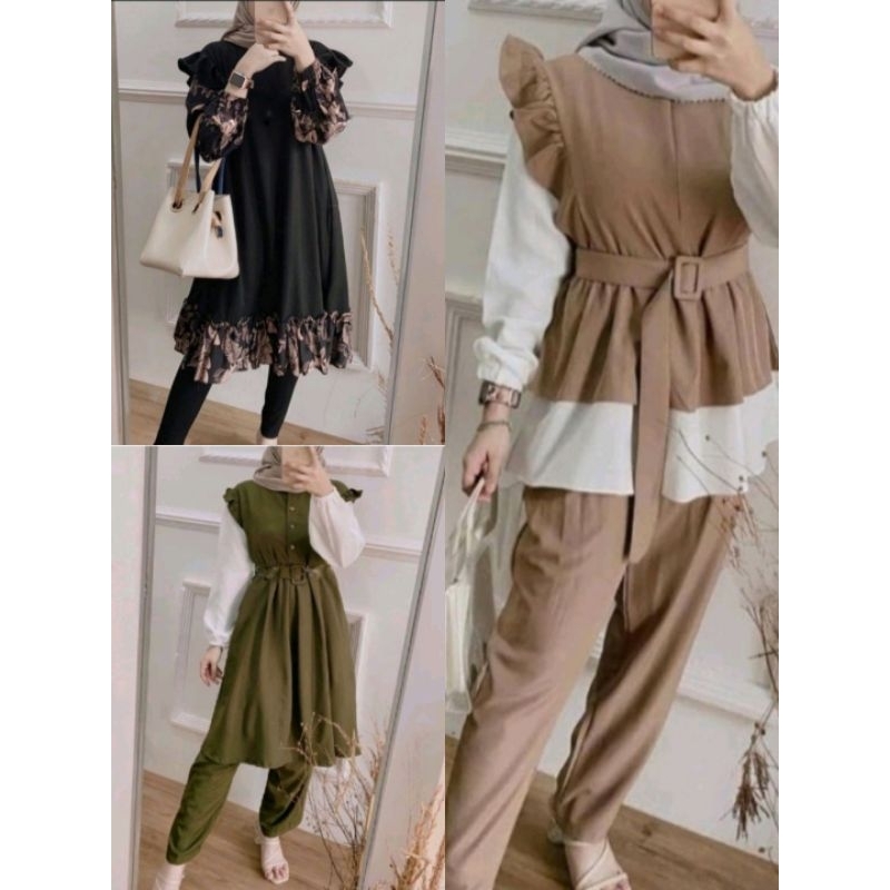 PROMO ONE SET STANDART L/XL - JUMBO XXL / MOSCREPE - RAYON / Malika One Set// One Set Terbaru Kekinian Moscrepe Wanita // FREE BELT TALI PINGGANG