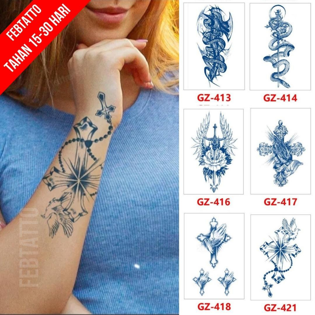 FRUIT INK Tato Semi Pemanent Tahan 1 Bulan Ukuran 11cmx18cmTato Lengan Tato Dada Tato tangan Tato Kaki Tato Punggung Tato Jari  Motif Aesthetic Tatto Temporary Stiker Tato Halal Grosir Tato air motif salib, sayap, bunga, ular GZ 421