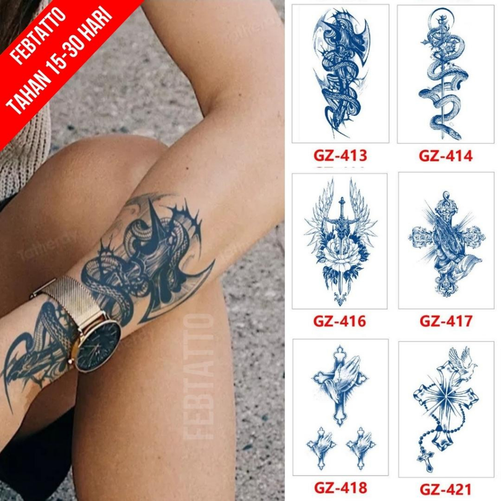 FRUIT INK Tato Semi Pemanent Tahan 1 Bulan Ukuran 11cmx18cmTato Lengan Tato Dada Tato tangan Tato Kaki Tato Punggung Tato Jari  Motif Aesthetic Tatto Temporary Stiker Tato Halal Grosir Tato air motif salib, sayap, bunga, ular GZ 413