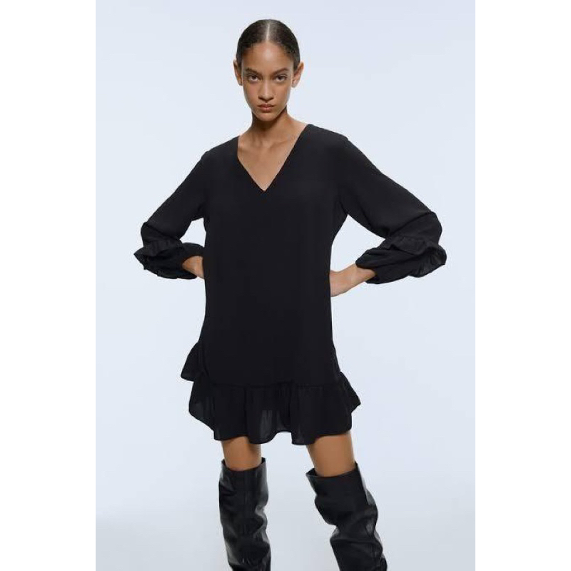 zara black v neck ruffles dress