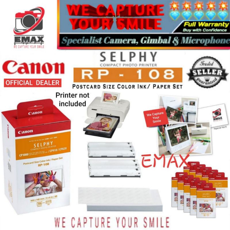 CANON SELPHY RP-108 Photo Printer Ink Paper CP800 CP820 CP900 CP910 CP1000 CP1200 CP1300 Kertas Phot