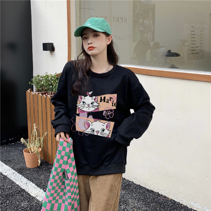 XiaoZhaiNv Sweater Oversized Wanita Cat Anime Pattern Lengan Panjang Korean Style