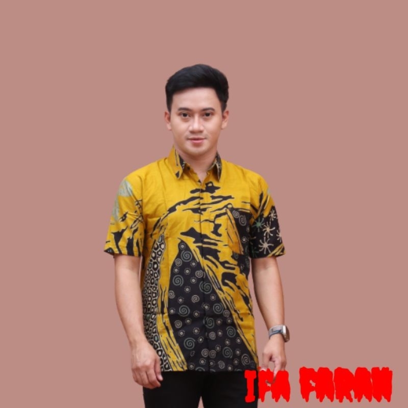 KEMEJA HEM BATIK PRIA LENGAN PANJANG M L XL XXL MOTIF CHAVA KUNING