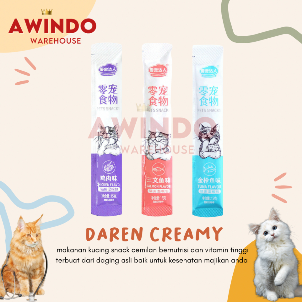 DAREN CREAMY CAT - Makanan Snack Cemilan Kucing Adult Kitten Daren Cat Strips 15gr