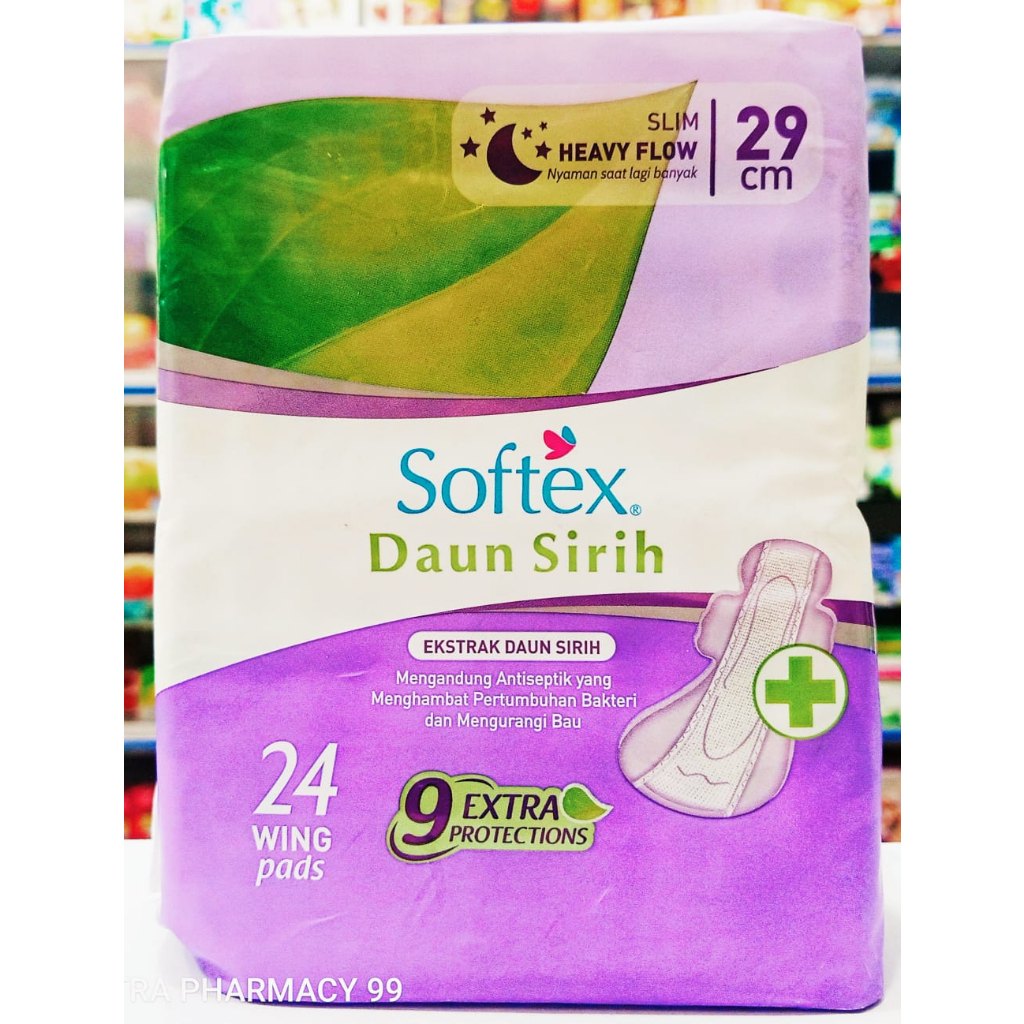 Softex Daun Sirih 𝟐𝟗𝐜𝐦 𝐈𝐬𝐢 𝟐𝟒𝐖𝐈𝐍𝐆 𝐩𝐚𝐝𝐬 - Pembalut Wanita Sayap 9 Extra Protect