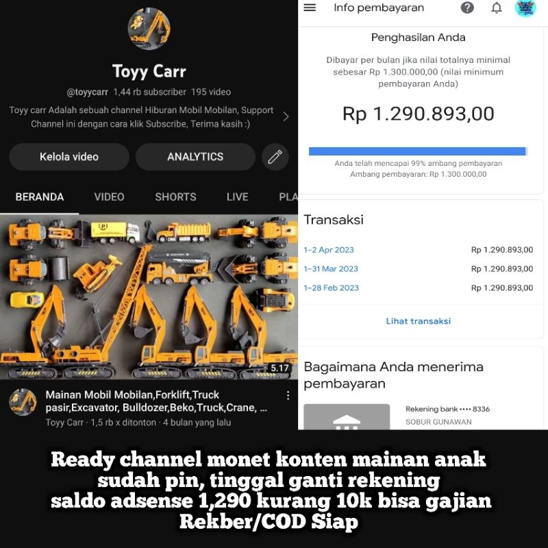 READY CHANNEL YOUTUBE MONETISASI SEPAKET AD PIN