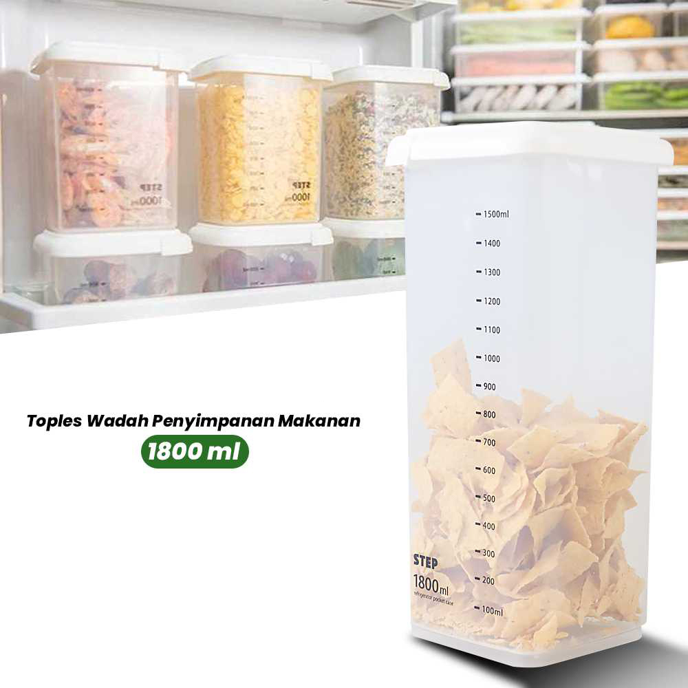 Toples Plastik Wadah Penyimpanan Makanan Serbaguna Anti Mlempem dengan Pengukur 1800ml 1000ml 650ml