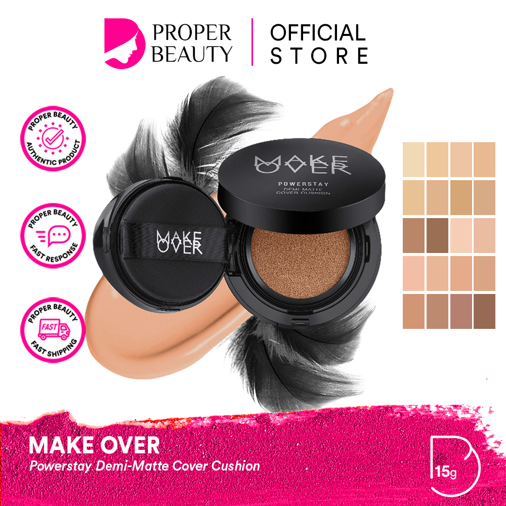 MAKE OVER Powerstay Demi-Matte Cover Cushion Indonesia / Cushion 15g / 24H Oil Control Longwear Demi Matte No Cakey Cover / Normal To Oily Skin / Ivory Natural Beige Sand Tan / Makeup Cosmetic Face Make Up Kosmetik Wajah Muka  / Makeover Hydra Stay Series