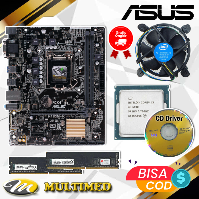 Paket Motherboard H110 LGA 1151 DDR4 New + Core I3 6100 + Fan + RAM