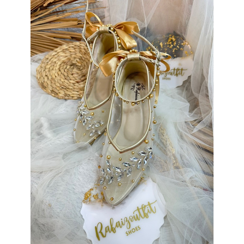 sepatu wedding gold pita 9cm stiletto