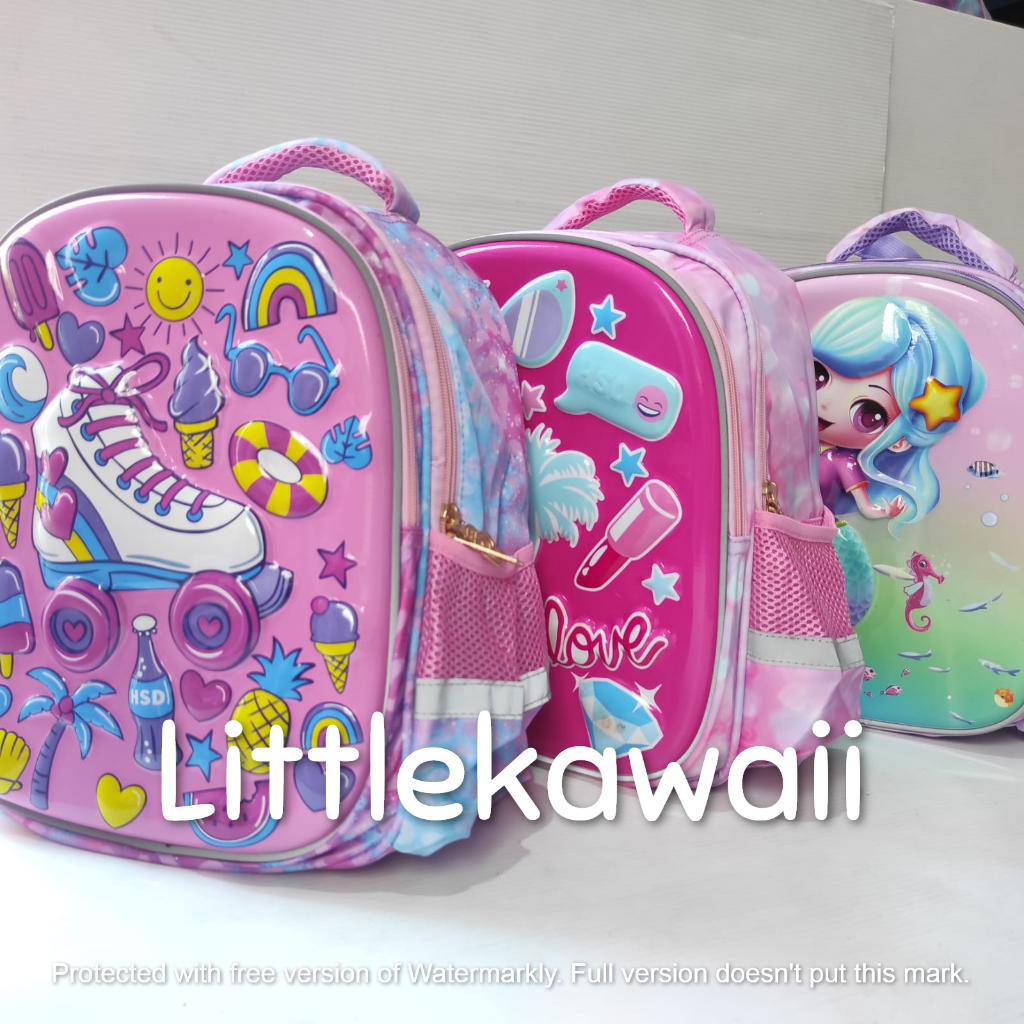 LK/Tas Ransel Sekolah Anak Perempuan Laki Laki Emboss Hardcase Mermaid Cute Dog Shine Bright Shoes M PAUD TK SD Import