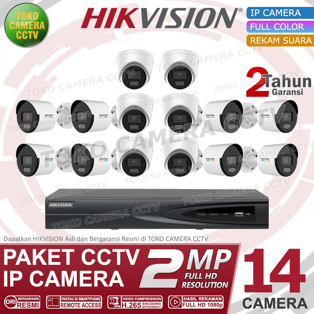 PAKET CCTV IP CAMERA HIKVISION 2MP COLORVU AUDIO 16 CHANNEL 14 KAMERA