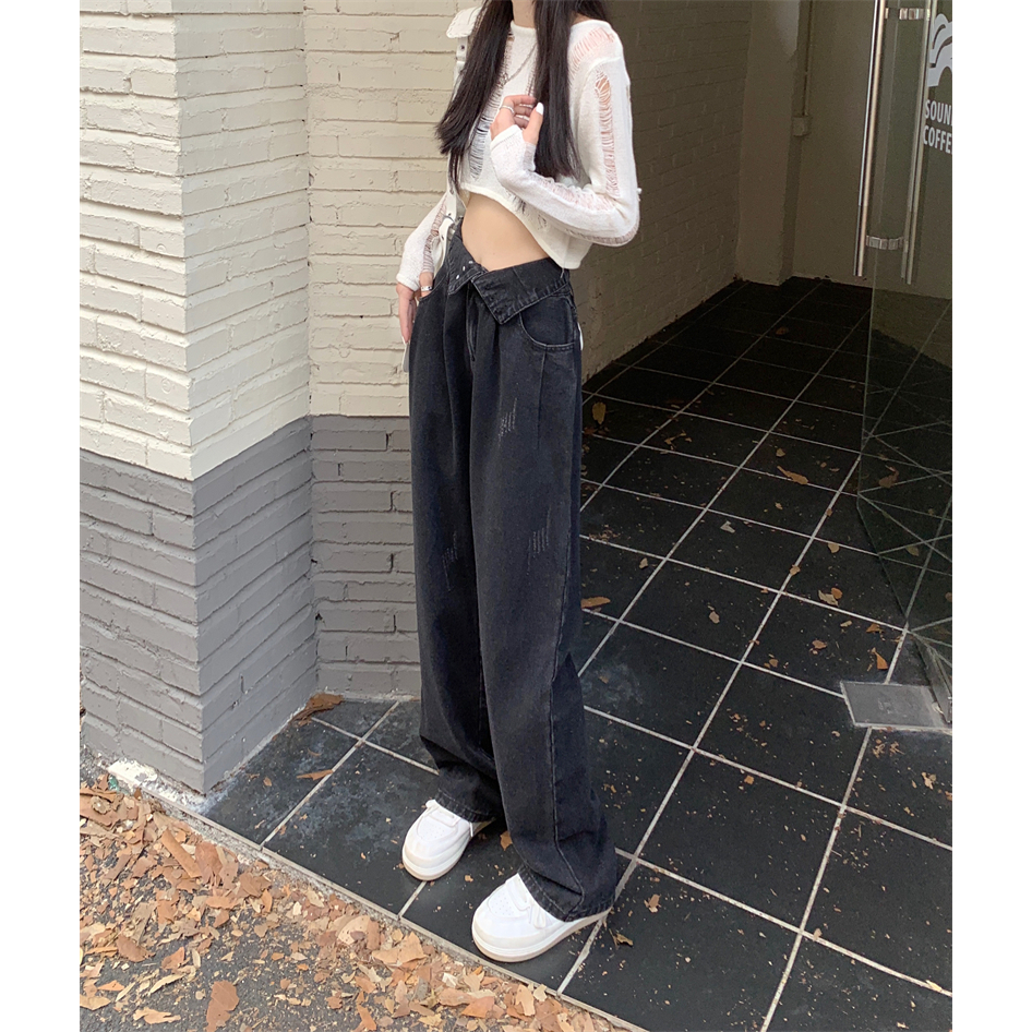 Korea Style Celana Jeans Wanita Retro Hitam Jeans Loose Boyfriend Celana High Waist