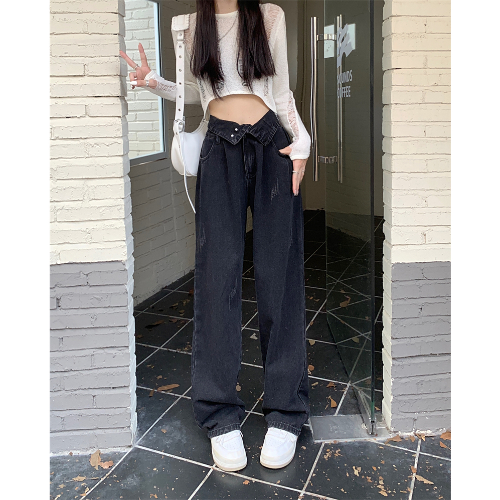 Korea Style Celana Jeans Wanita Retro Hitam Jeans Loose Boyfriend Celana High Waist