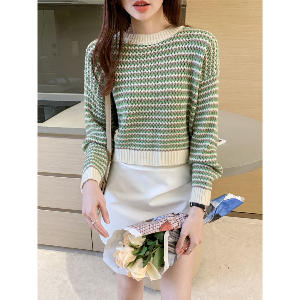 Atasan Rajut Wanita Stripe Crewneck Casual Sweater Oversize Wanita