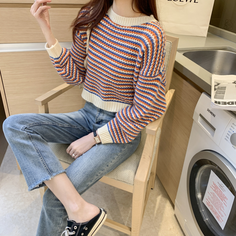 Atasan Rajut Wanita Stripe Crewneck Casual Sweater Oversize Wanita