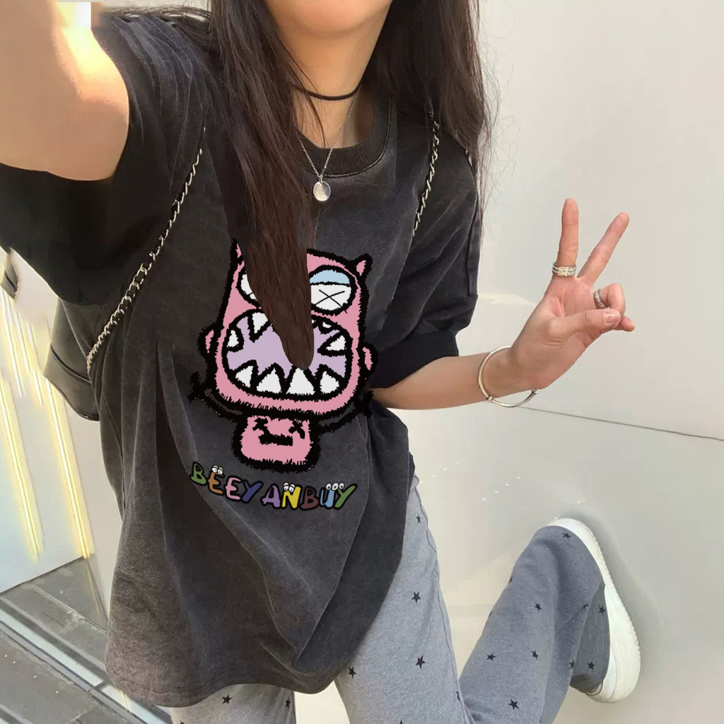 EUNII T-shirt Lengan Pendek Black Washed Cute Pink Monster Printing Korean Style/Kaos Atasan Wanita/Baju Wanita/Kaos Wanita