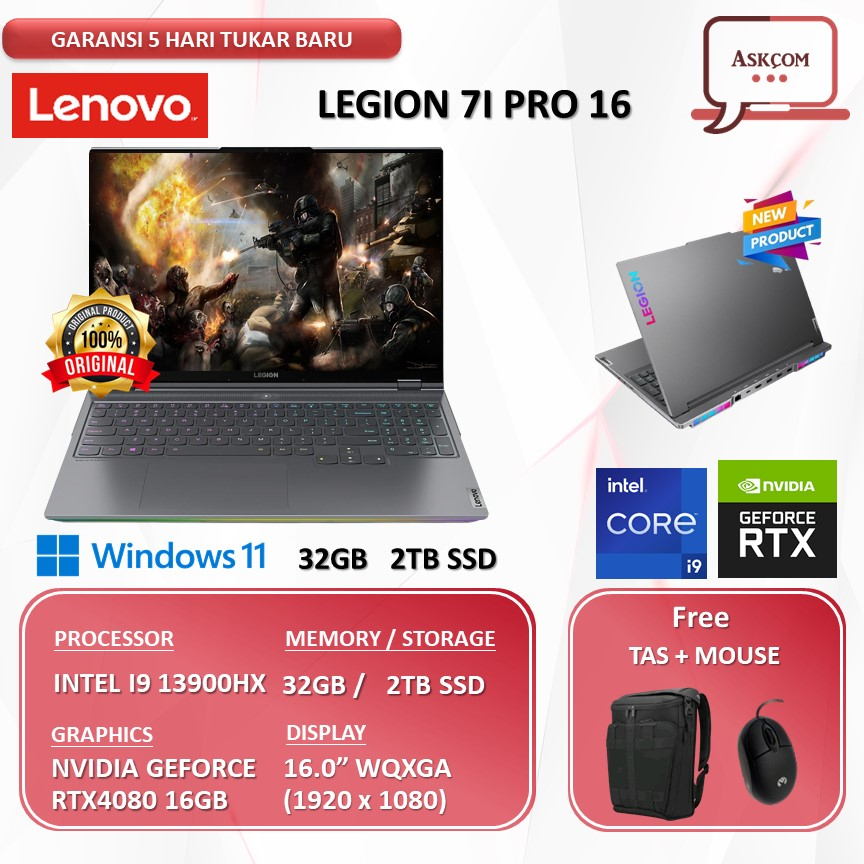 Laptop Lenovo Legion 7I PRO 16 RTX4080 12GB I9 13900HX 32GB 2TB SSD W11+OHS 16.0WQXGA 240HZ HDR400 36ID