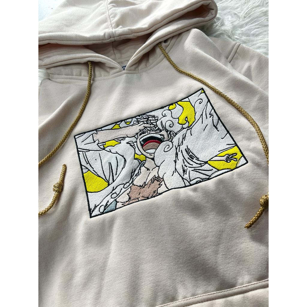 Hoodie Luffy God Nika Embroidery Cream Anime Manga One Piece Premium Unisex