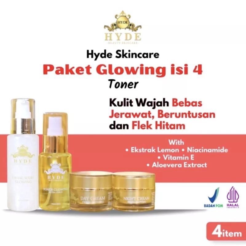 HYDE BEAUTY SKINCARE PAKET ISI 4 TONER HYDE BEAUTY SKINCARE (FACIAL WASH+TONER+CREAM MALAM+CREAM SIANG)