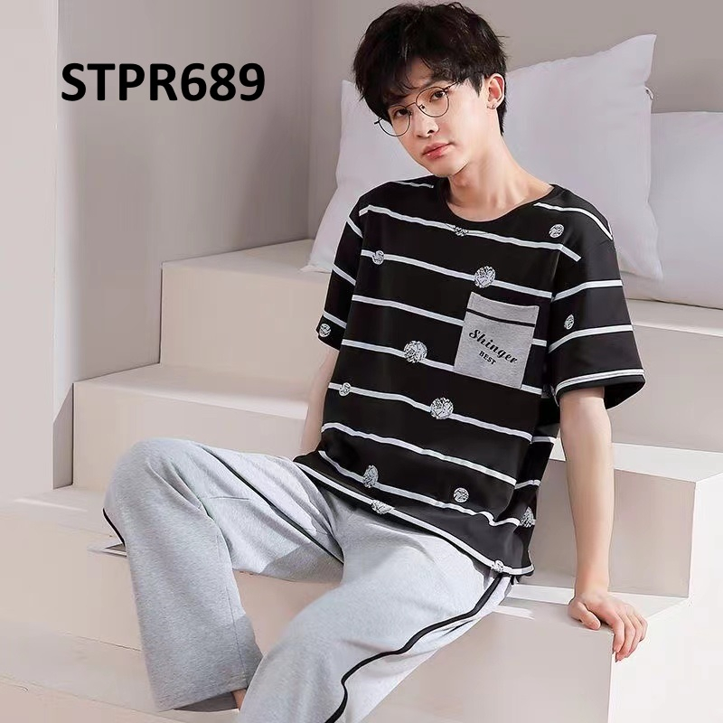 Piyama Pria Baju Tidur Pria Lengan Pendek Celana Panjang Navy Blue