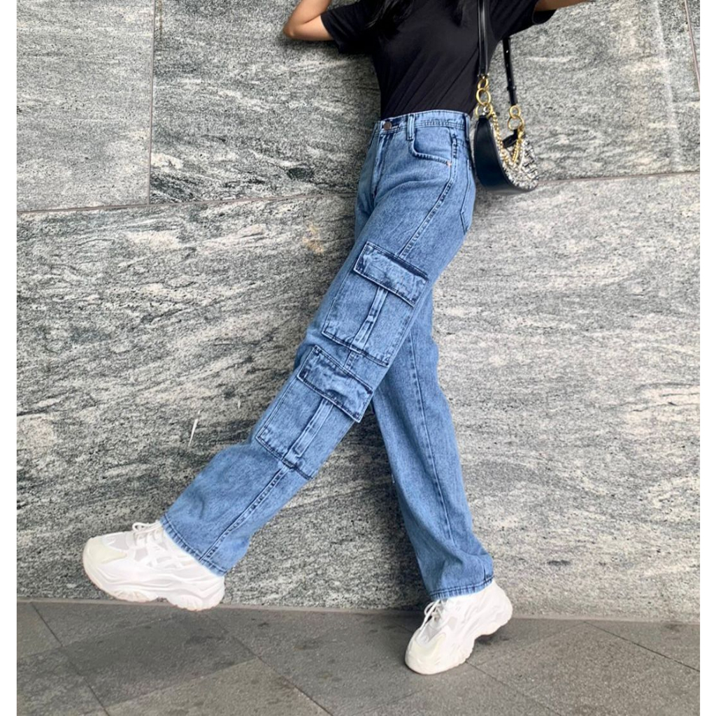 Celana Jeans Wanita Boyfriend Cargo ootd - Boyfriend Cargo Jeans Black Hitam