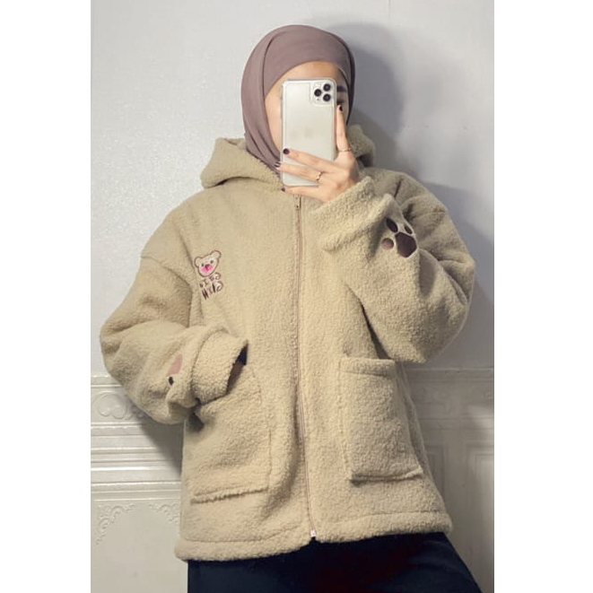 JAKET BULU BEAR CUTE BORDIR OVERSIZE WANITA KOREAN STYLE - JAKET SHERVA