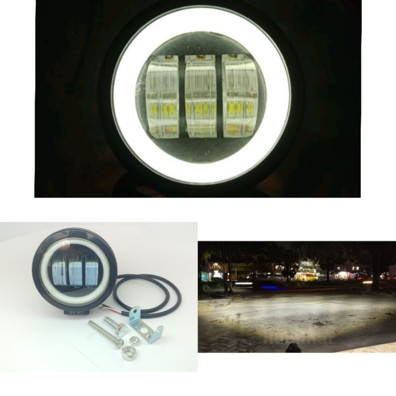 lampu tembak led 3 mata lensa d4 bulat/cwl 3 mata sorot lampu daymaker mini bulat foglamp angel ring