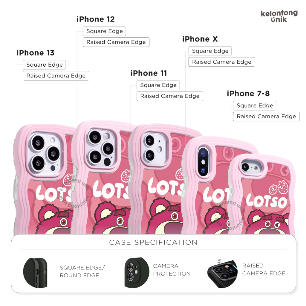 Lotso Strawberry 2in1 Pastel Wavy Case - Softcase/ Casing for iPhone 7 8 SE 7+ 8+ X XS XR XSMAX 11 12 13 14 MINI PRO PROMAX